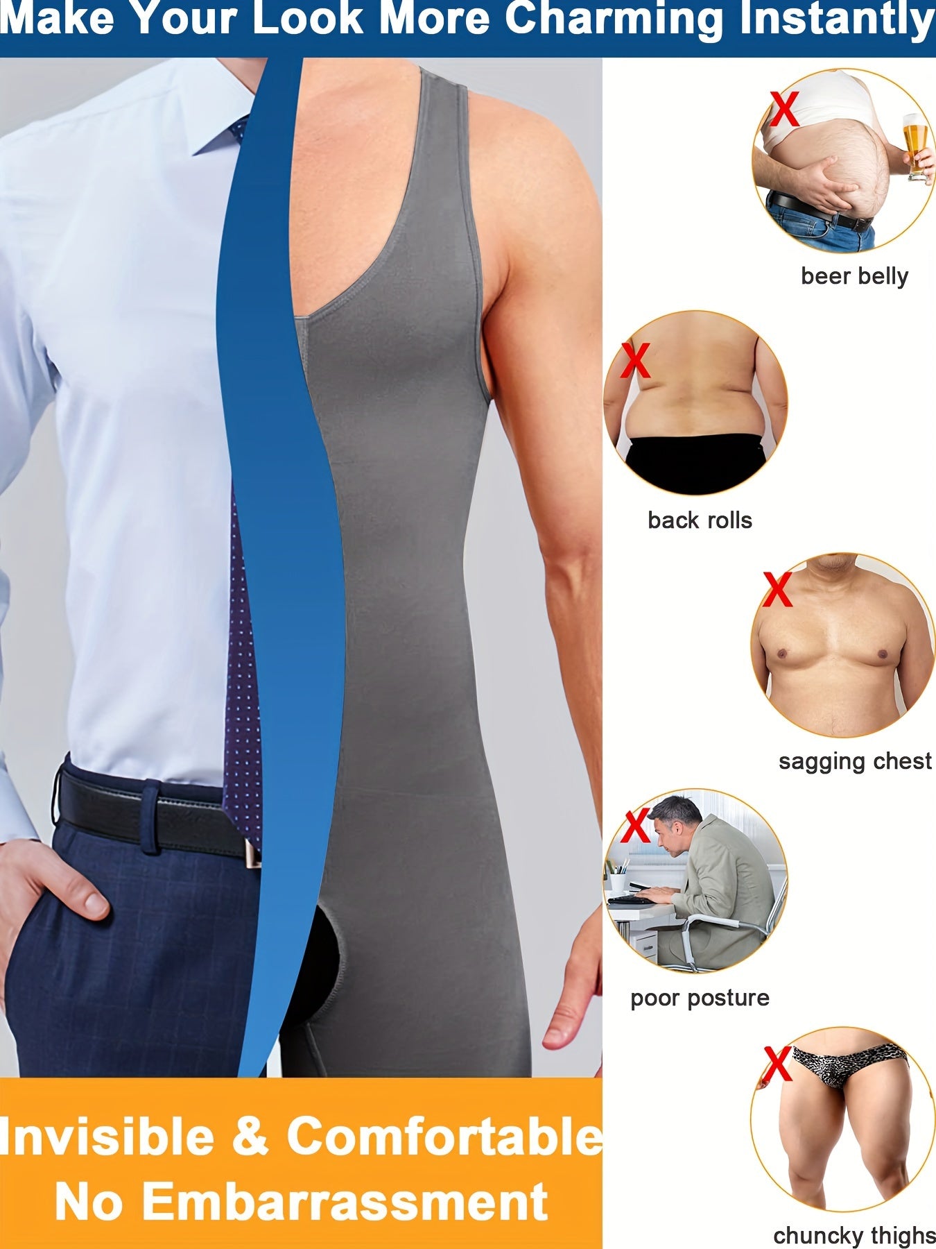 Men's Slimming Athletic Bodysuit with Tummy Control and Shoulder-Baring Design in Royal Blue High-Elastic Nylon Spandex for Fitness Recovery All-Season