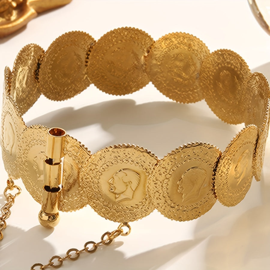Gold-Plated Tribal-Inspired Bangle Bracelet with Copper Alloy Coin Links for Women