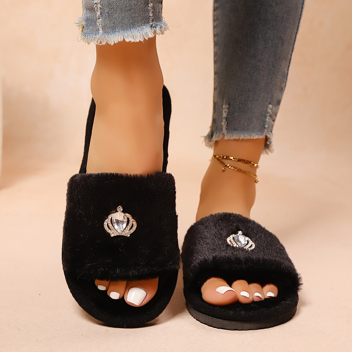 Women's Sparkling Embellished Slip-On Slippers Soft Fabric Indoor House Shoes