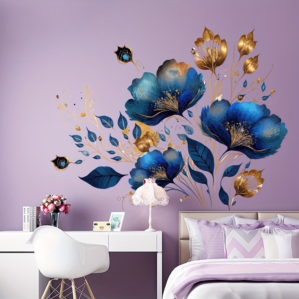 Blue Watercolor Floral Wall Decal Waterproof Self-Adhesive PVC Sticker for Home Decor