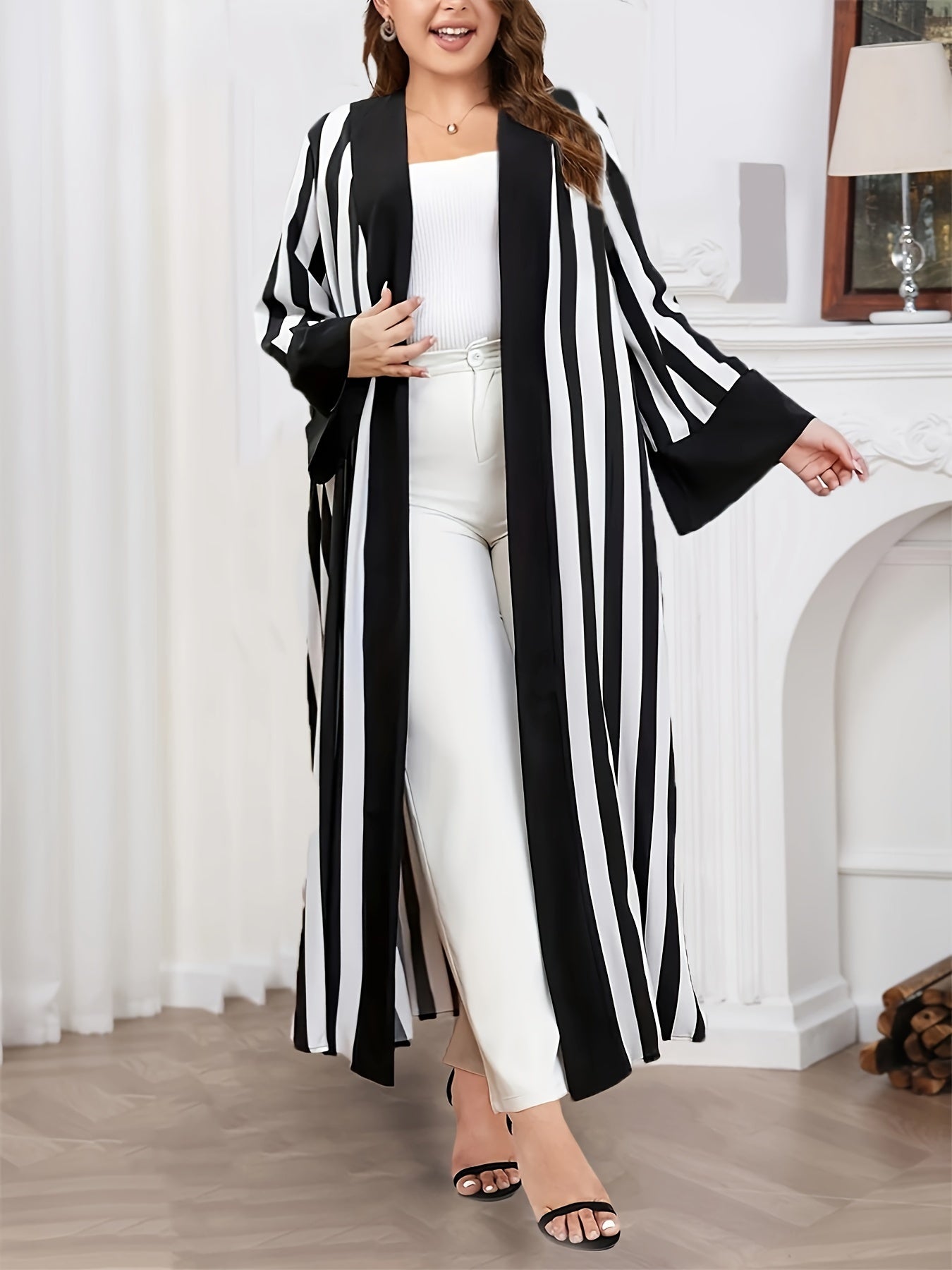 Plus Size Striped Long Sleeve Cardigan Lightweight Open Front