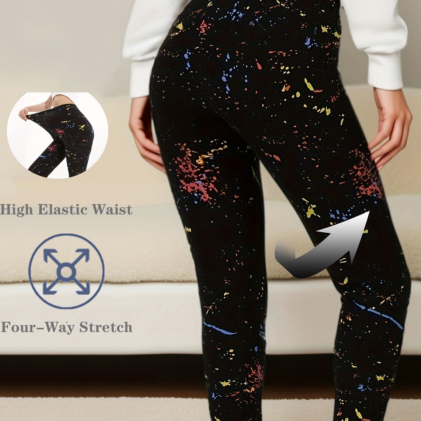 Plus Size Womens Black Graphic High Waist Leggings Breathable All-Season