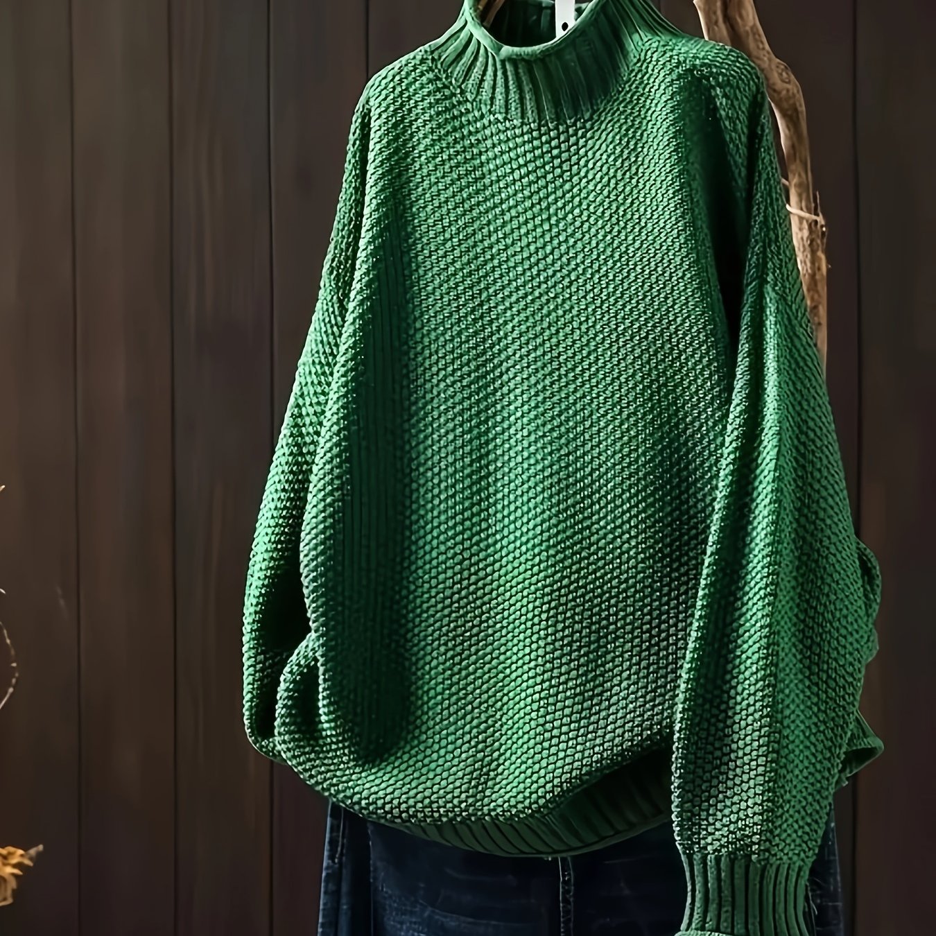 Women Acrylic Oversized Sweater Long Sleeve High Neck Solid Color Fall Winter