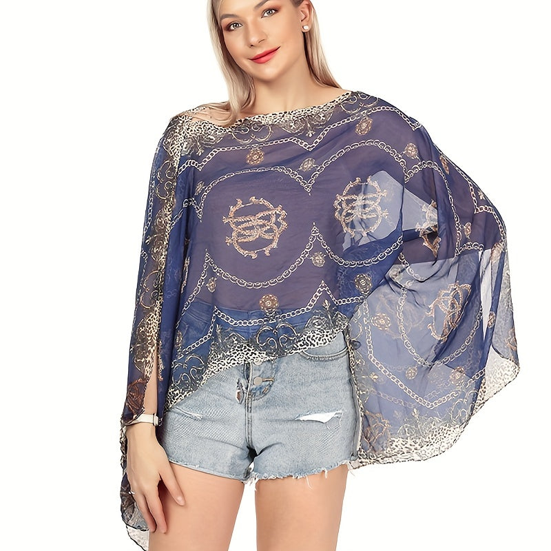 Large Lightweight Imitation Silky Shawl with Letter Chain Stripe Design for Beach and Seaside Travel