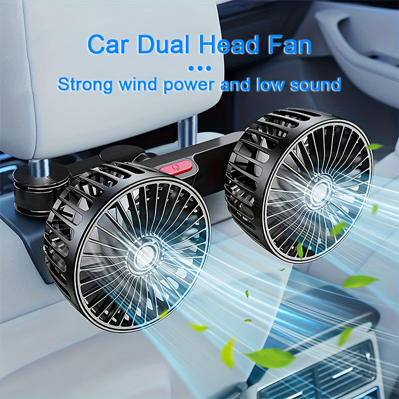 Compact Car Fan Dual-Head Rear Seat Air Cooler 5 Blades 360° Rotation