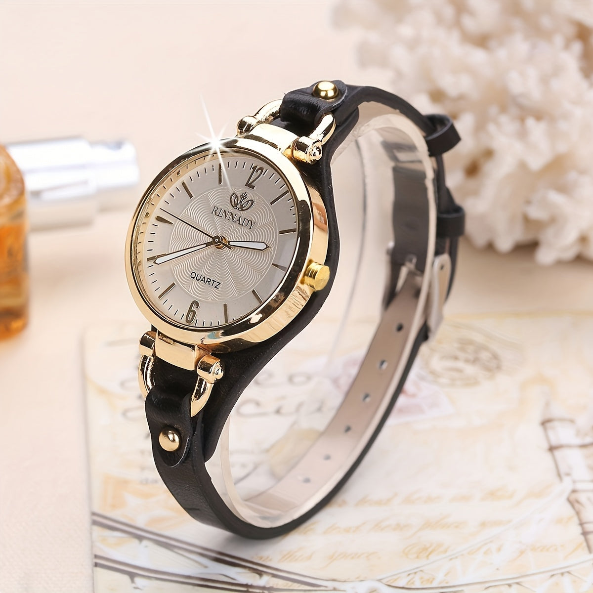 Women's Quartz Watch with Black Faux Leather Strap and Gold Accents Elegant Analog Wristwatch