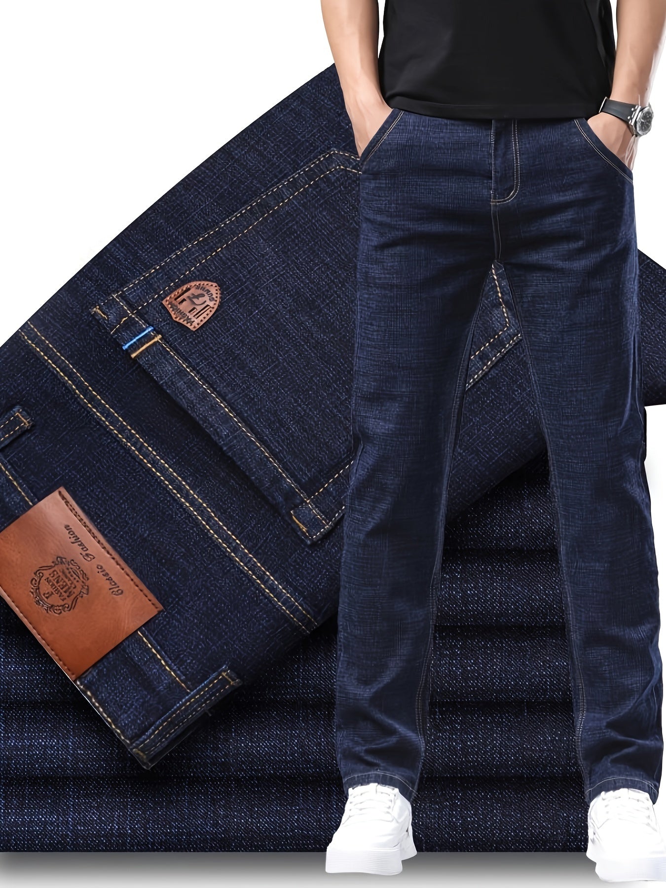 Men's Black Denim Jeans Slim Fit Straight Leg Patch Embroidery All-Season