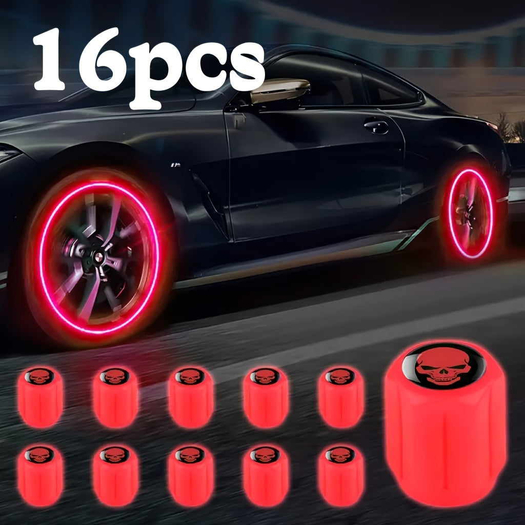 16pcs Fluorescent Skull Tire Valve Caps Glow-in-Dark Red for Cars Bicycles Trucks