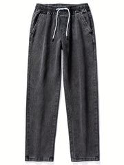 Men's Washed Denim Trousers with Pockets and Drawstring Waist for Outdoor Activities