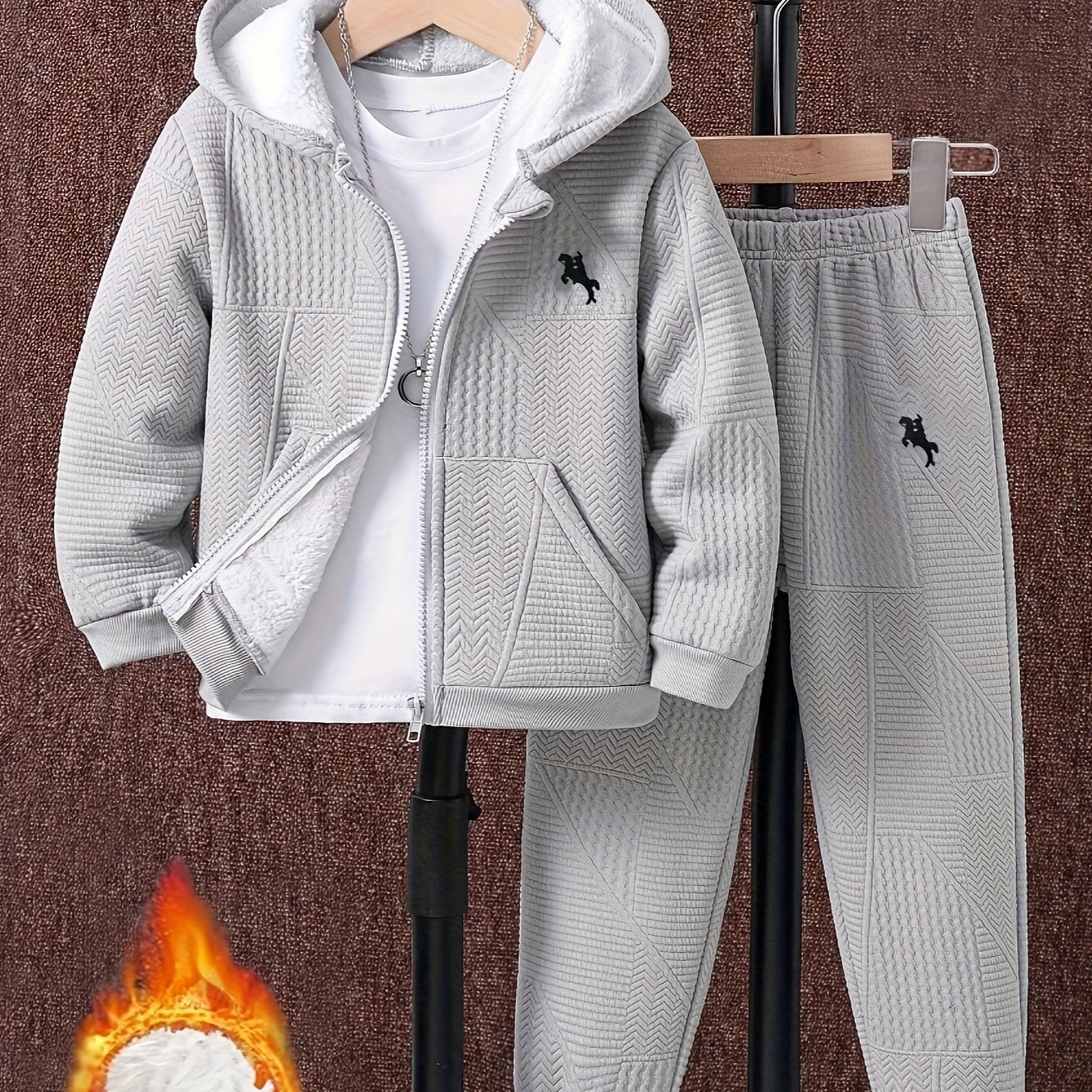 Boys' Casual Outfit Set with Hooded Jacket and Geometric Knit Pants for Fall Winter