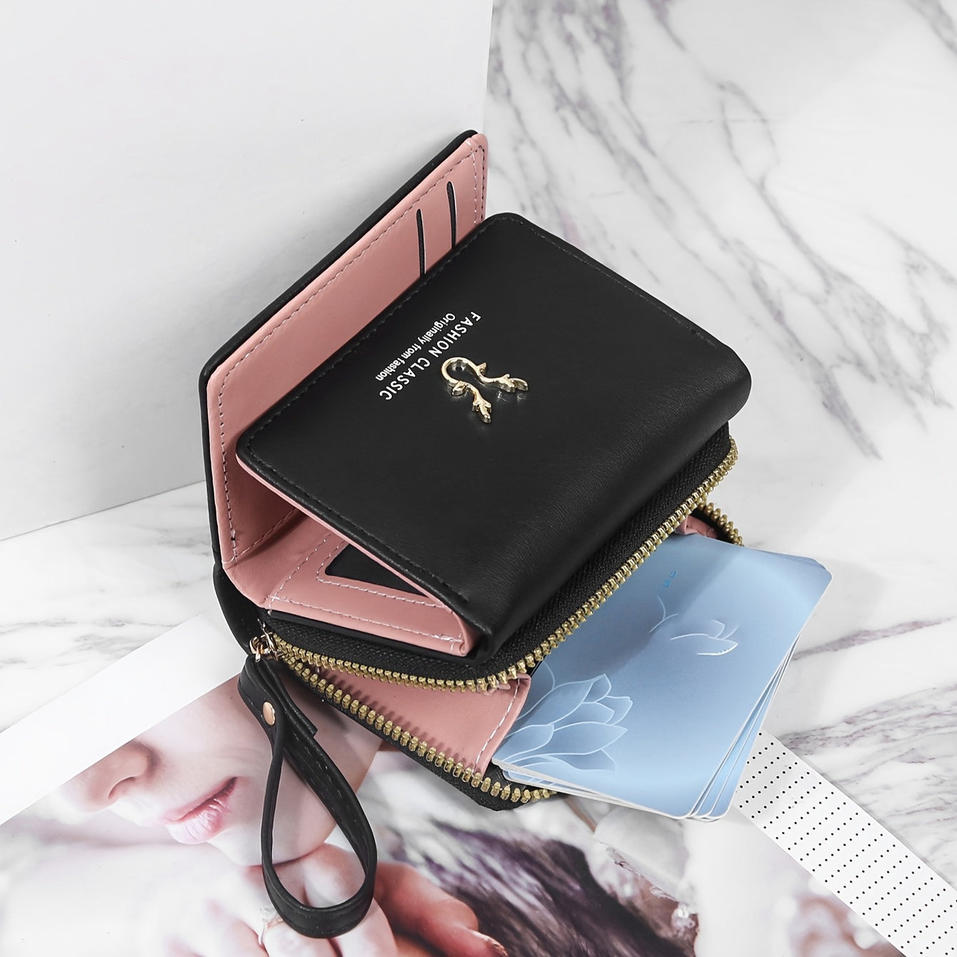 Men's Black PU Tri-Fold Wallet with Card Slots and Buckle