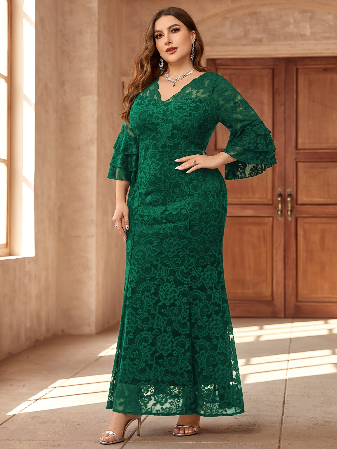 Plus Size Women’s Elegant V-Neck Long Evening Gown with Bell Sleeves