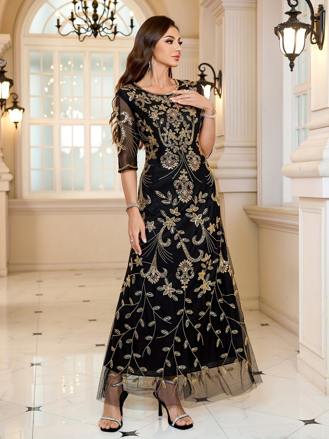 Women's Sequin Beaded Floral Formal Dress Black and Gold for Wedding and Party