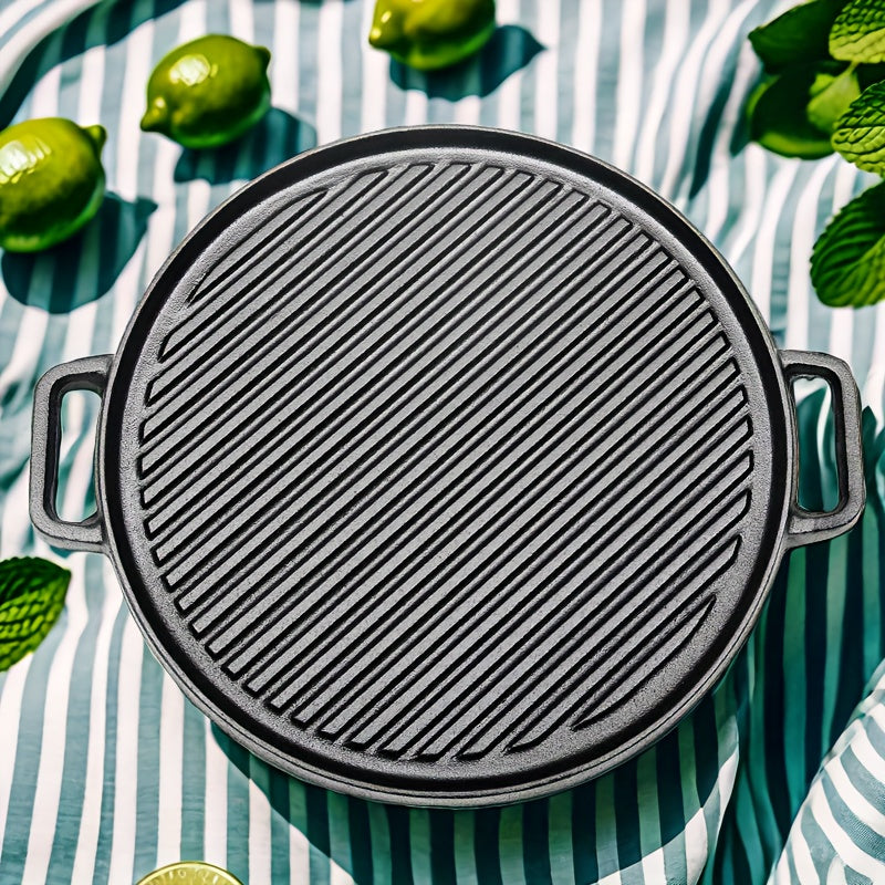 Double-Sided Cast Iron Roasting Pan with Grill Plate Reversible Non-Stick Cookware