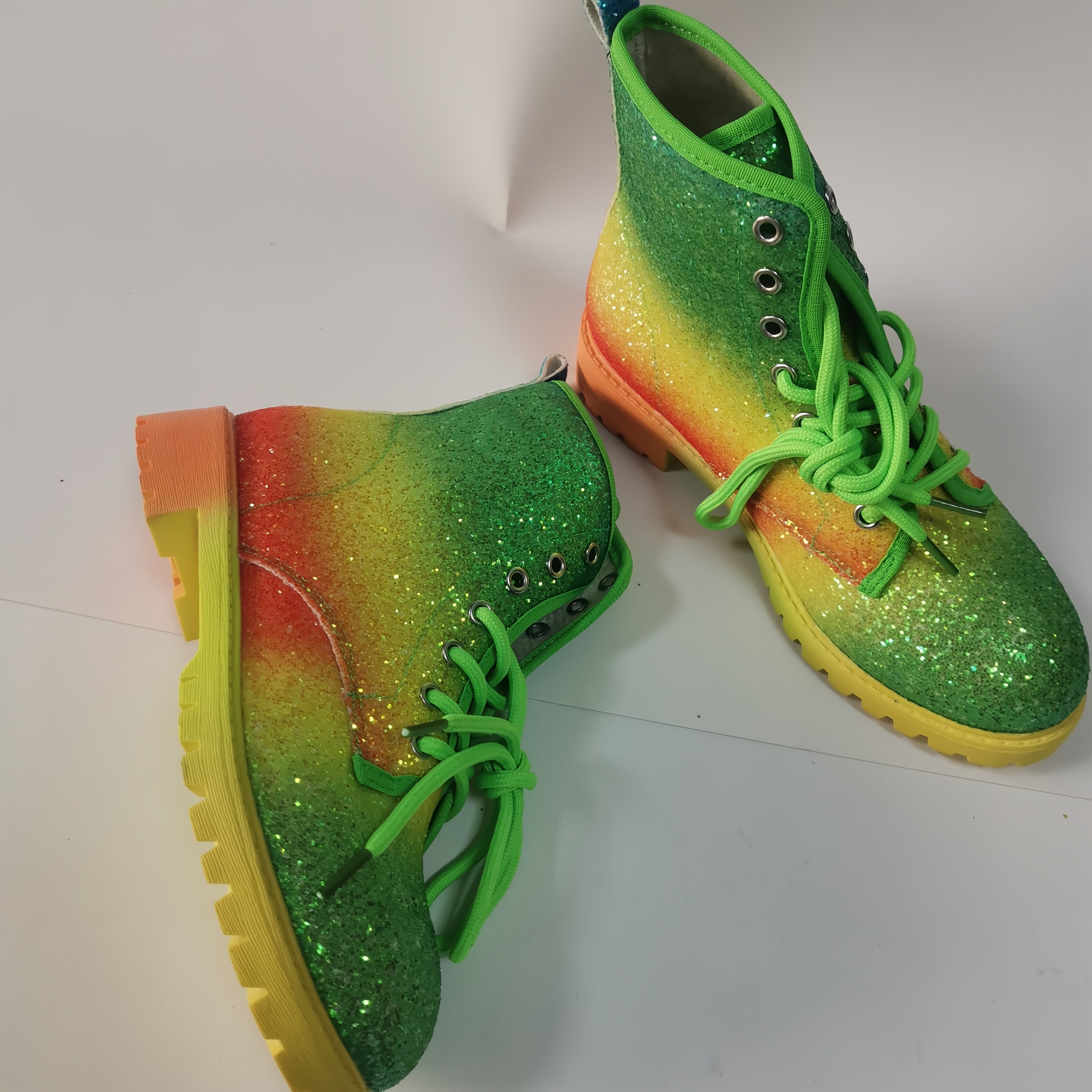 Women's Colorful Gradient Print Platform Ankle Boots with Glitter Accents