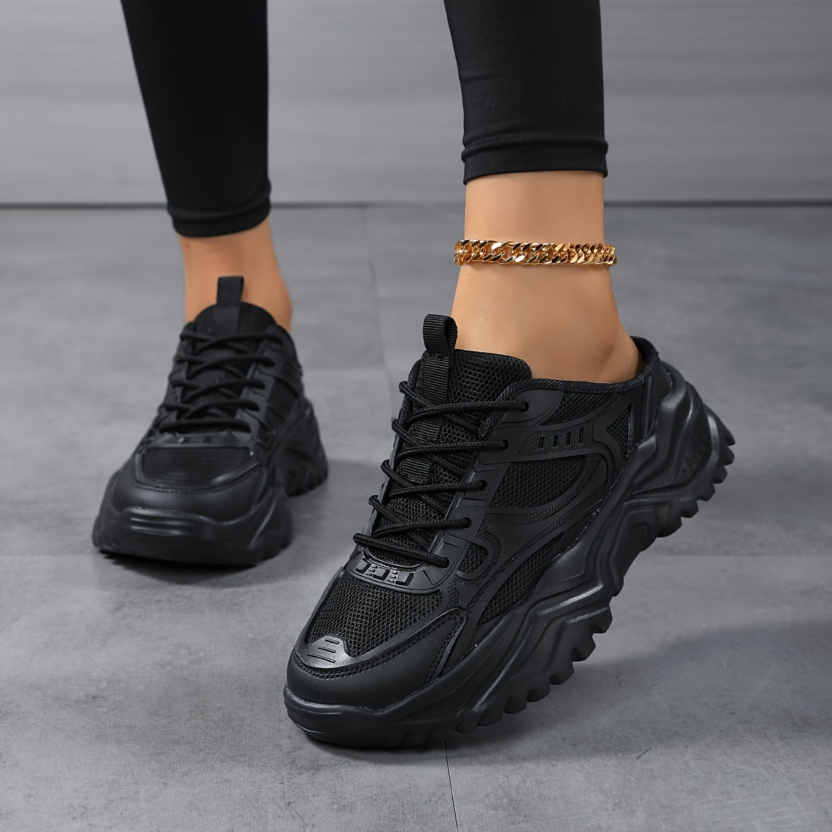 Women's Chunky Sneakers Lightweight Casual Shoes Black White Slip-On