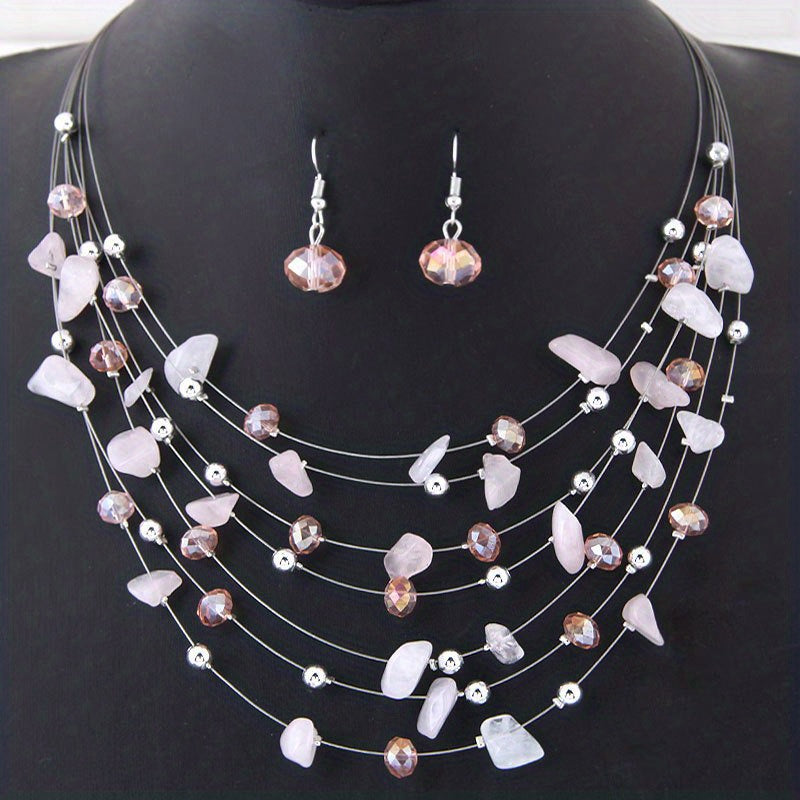 Conjunto de joyería de cristal boho-chic para mujer: collar y pendientes con capas brillantes