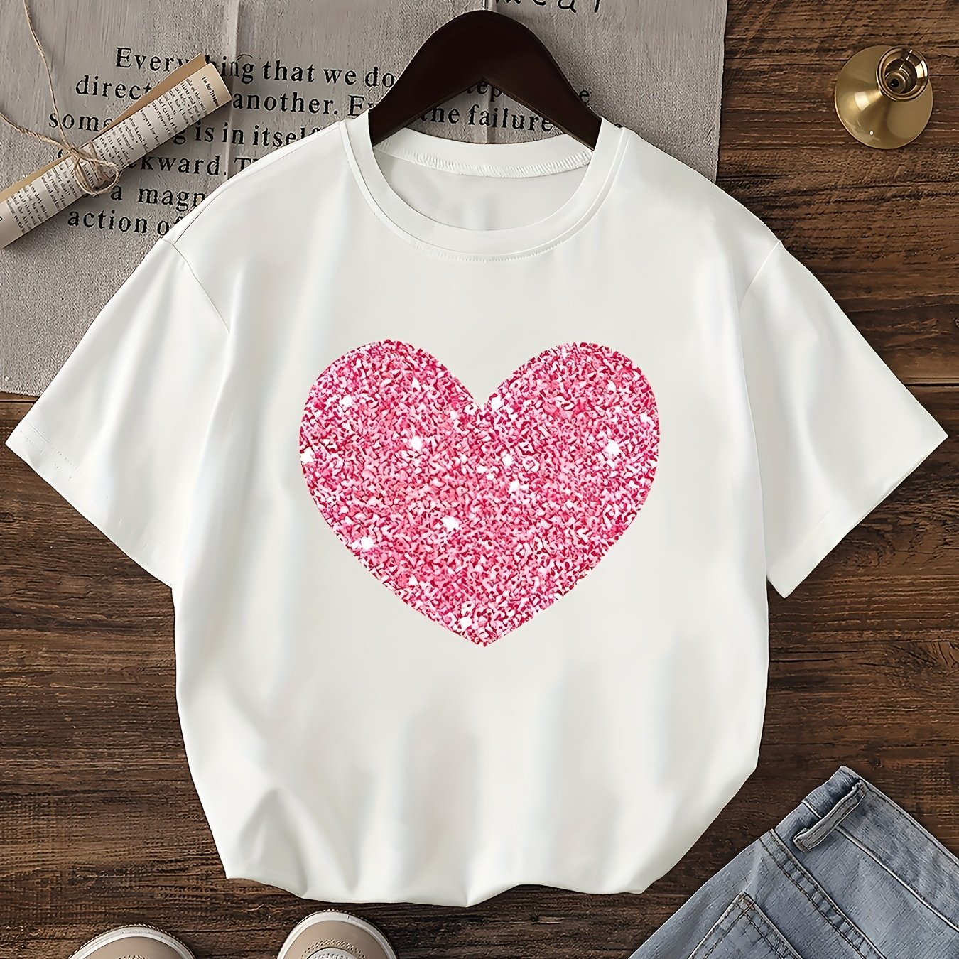 Girls' Orange T-Shirt with Pink Heart Design Short Sleeve Casual Summer Kids Clothing