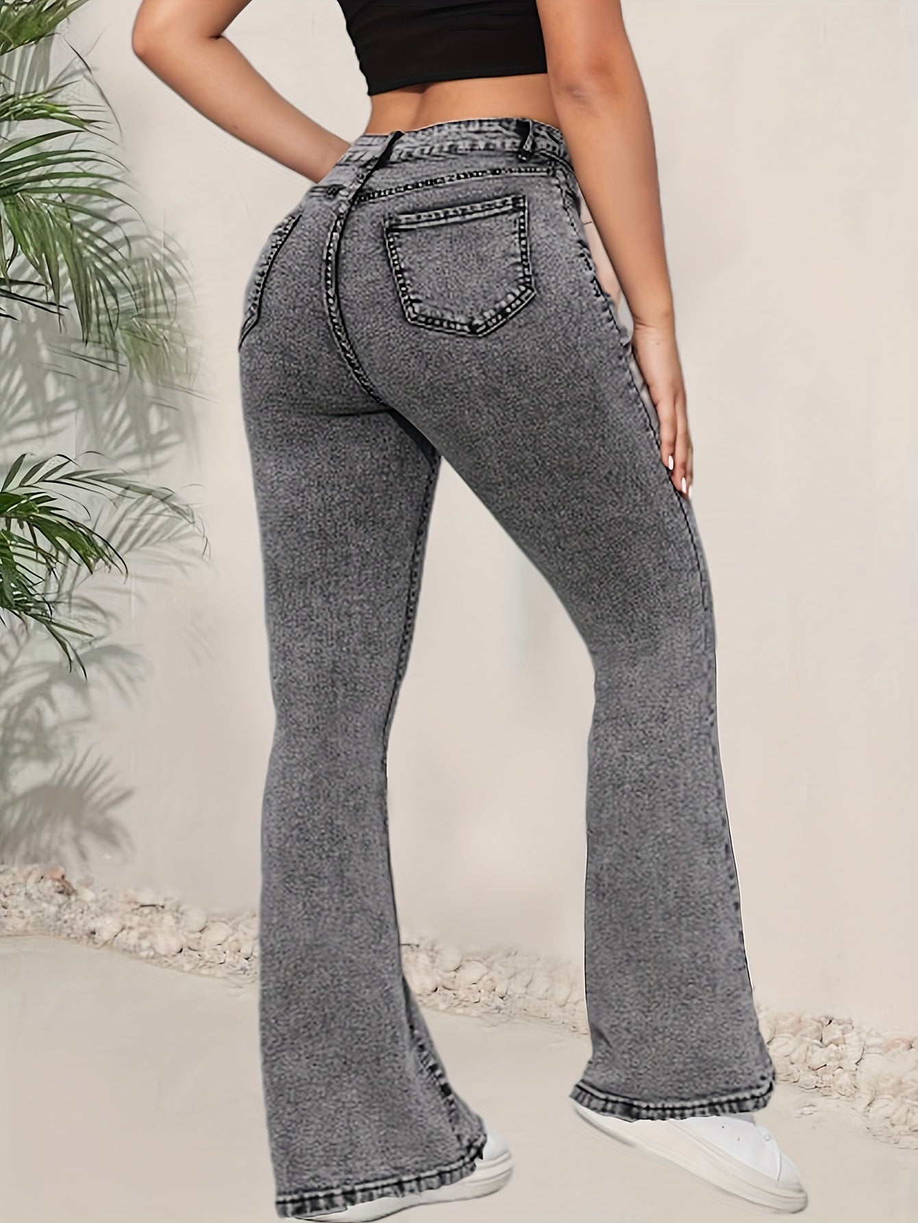 Women Light Gray Stretch Flare Jeans Casual Denim
