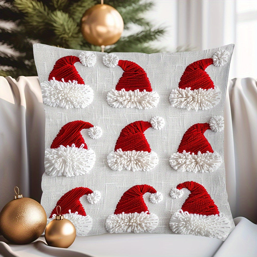 Christmas Santa Hat Throw Cushion Cover 44.96x44.96 cm Polyester Zipper Closure Single Sided