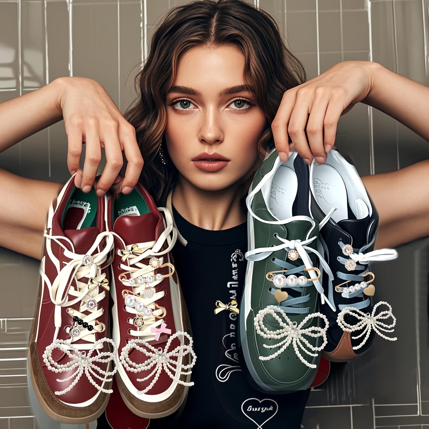 Women Shoe Charms Kit with Bow for Sneakers and Socks, 75 Pieces