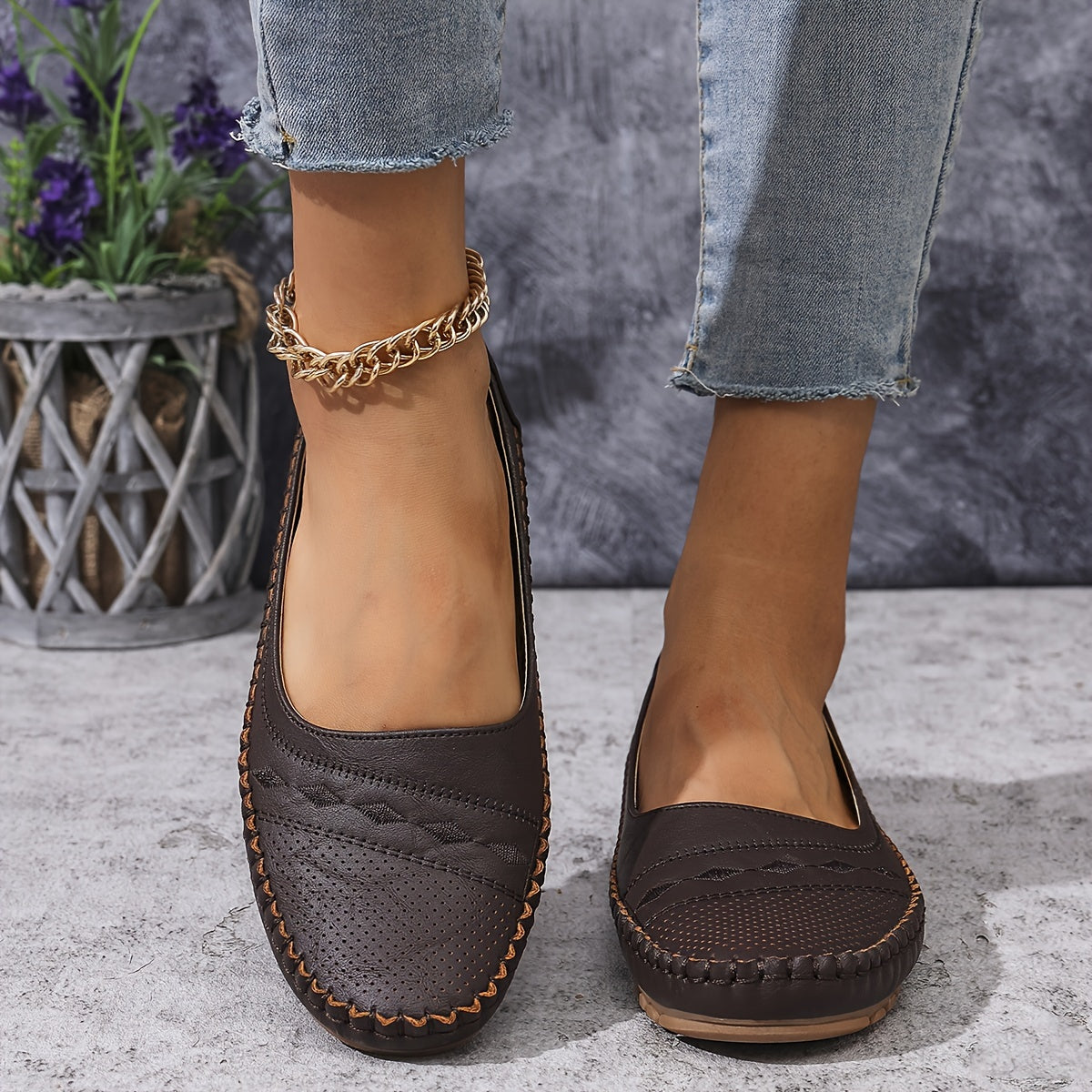 Zarif kattalar o'lchamidagi ayollar uchun loaferlar - tikuvli naqsh bilan qulay slip-on, yumshoq taglik, ko'p maqsadli rang, barcha mavsumlar uchun yengil.