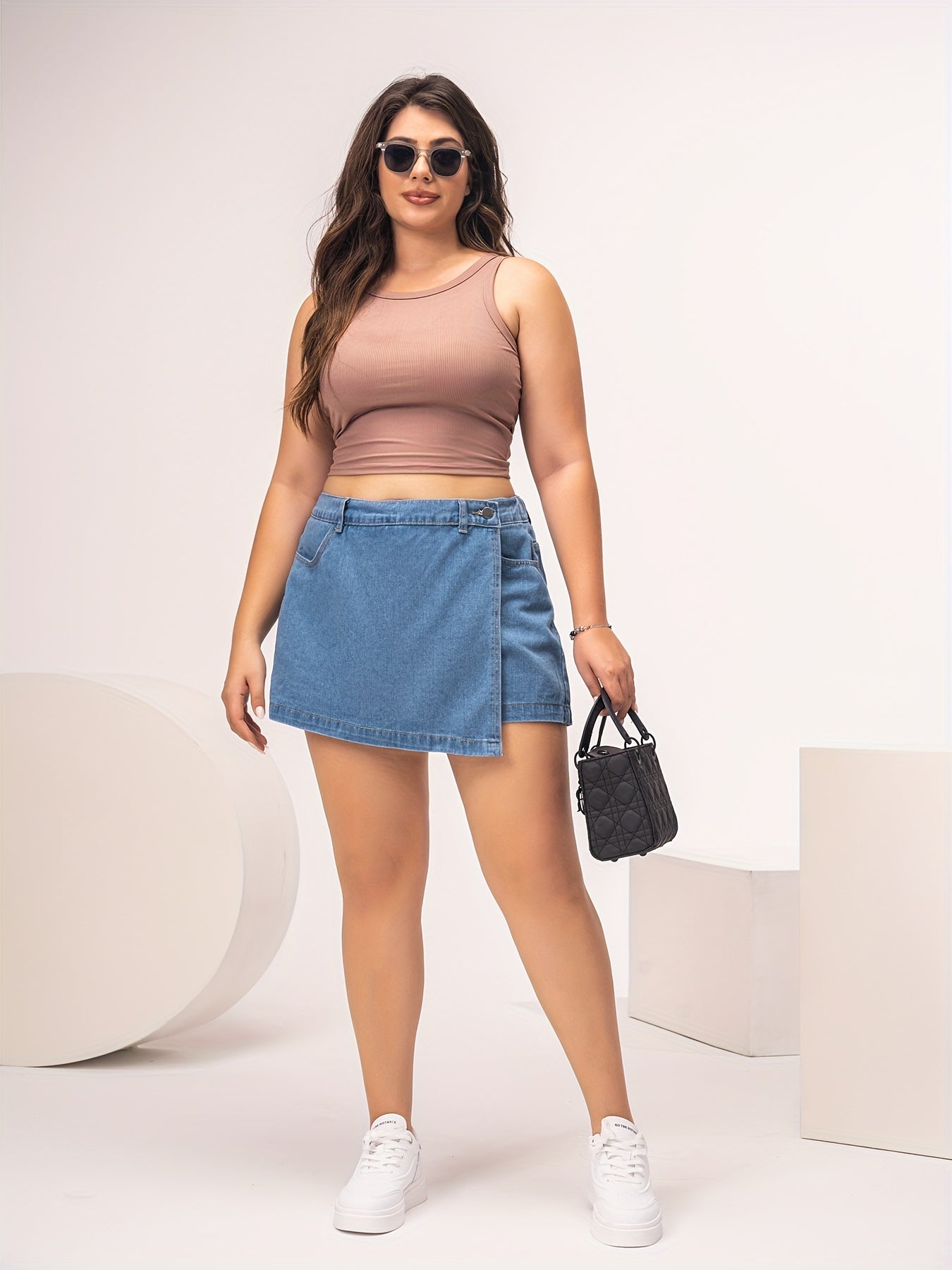 Women's Light Blue Denim Skort Casual Style Flap Pockets Spring Summer