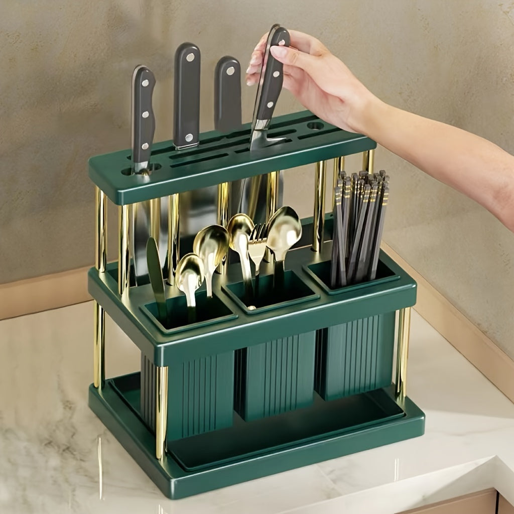 Kitchen Knife Storage Organizer with Chopsticks Tube and Integrated Storage Box