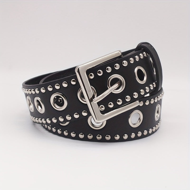 Unisex Black PU Belt with Punk Eyelet Rivets and Studs for Jeans and Pants
