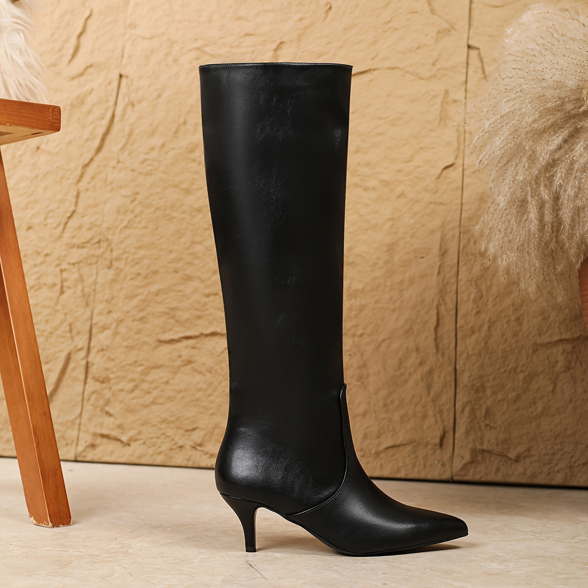 Women's Faux Leather Pointed Toe High Heel Knee-High Boots for Fall Winter