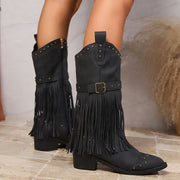 Women's Western Cowboy Boots Mid-Calf Faux Leather Pointed Toe Zipper Fringed Studded