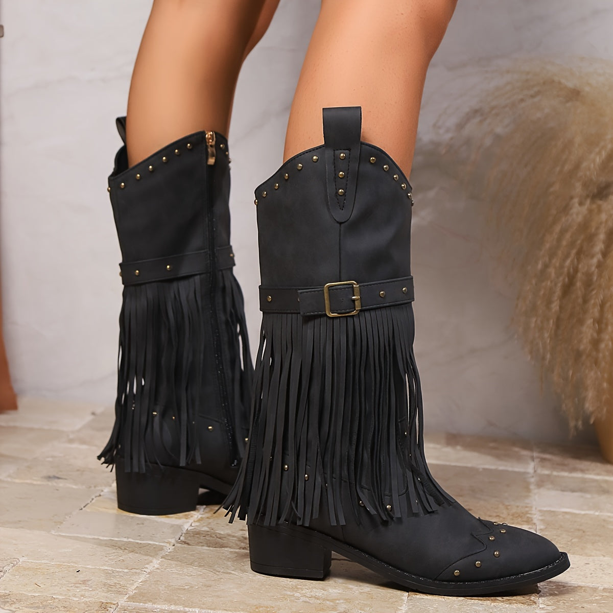 Women's Western Cowboy Boots Mid-Calf Faux Leather Pointed Toe Zipper Fringed Studded