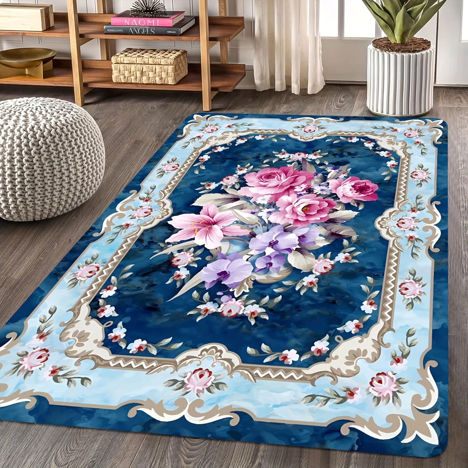 Alfombra de área bohemia persa floral de estilo vintage, de terciopelo de cristal, poliéster, antideslizante, resistente a manchas, 70x50 pulgadas