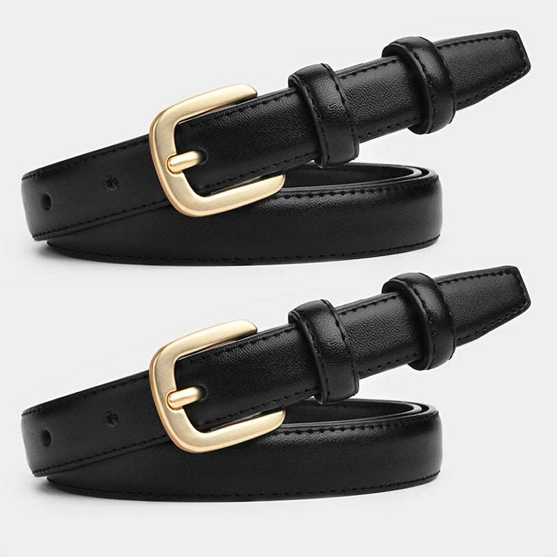 Women's PU Leather Belts with Golden Buckle 2-Pack Casual Vintage for Jeans Dresses