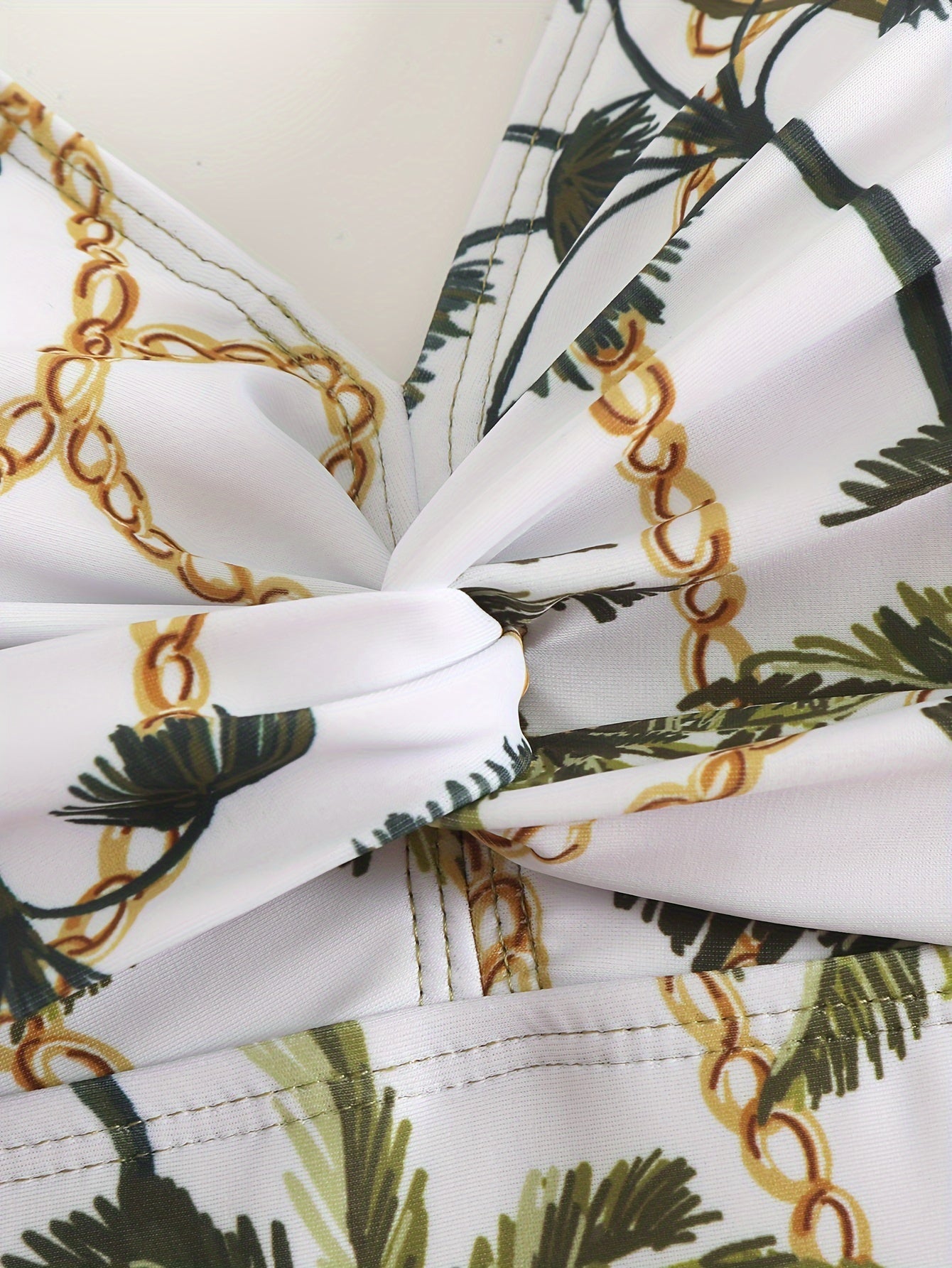 Tropical Palm Print Two-Piece Swimsuit Set with V-Neck Top and Sheer Sarong