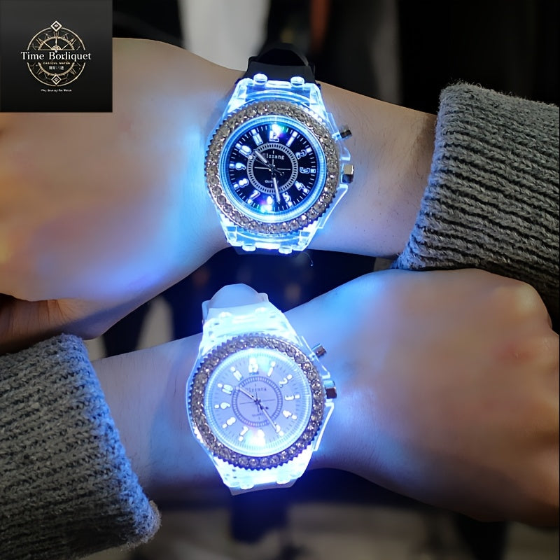 Glow-in-the-Dark Silicone Watch for Men Women Kids LED Time Display Casual Fashion Rhinestone Accents
