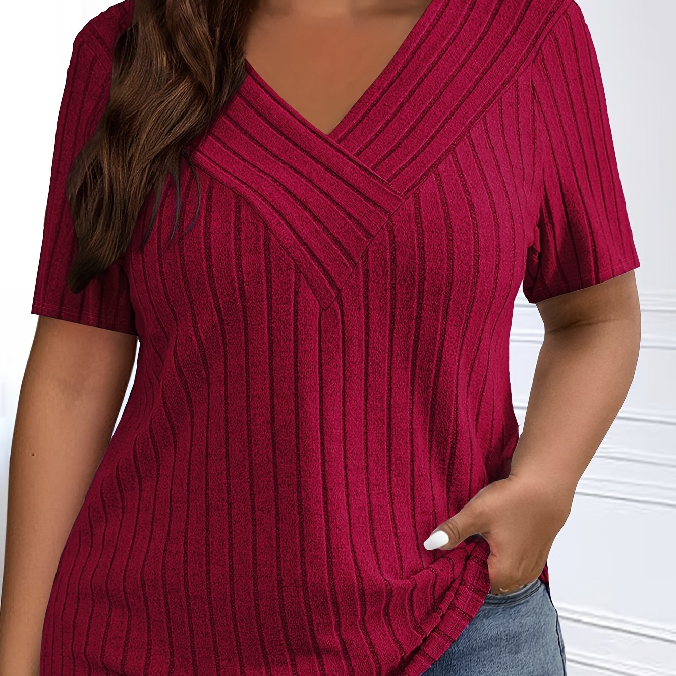 Plus-Size Women's V-Neck Cross Strap T-Shirt Ribbed Short Sleeve Casual Top