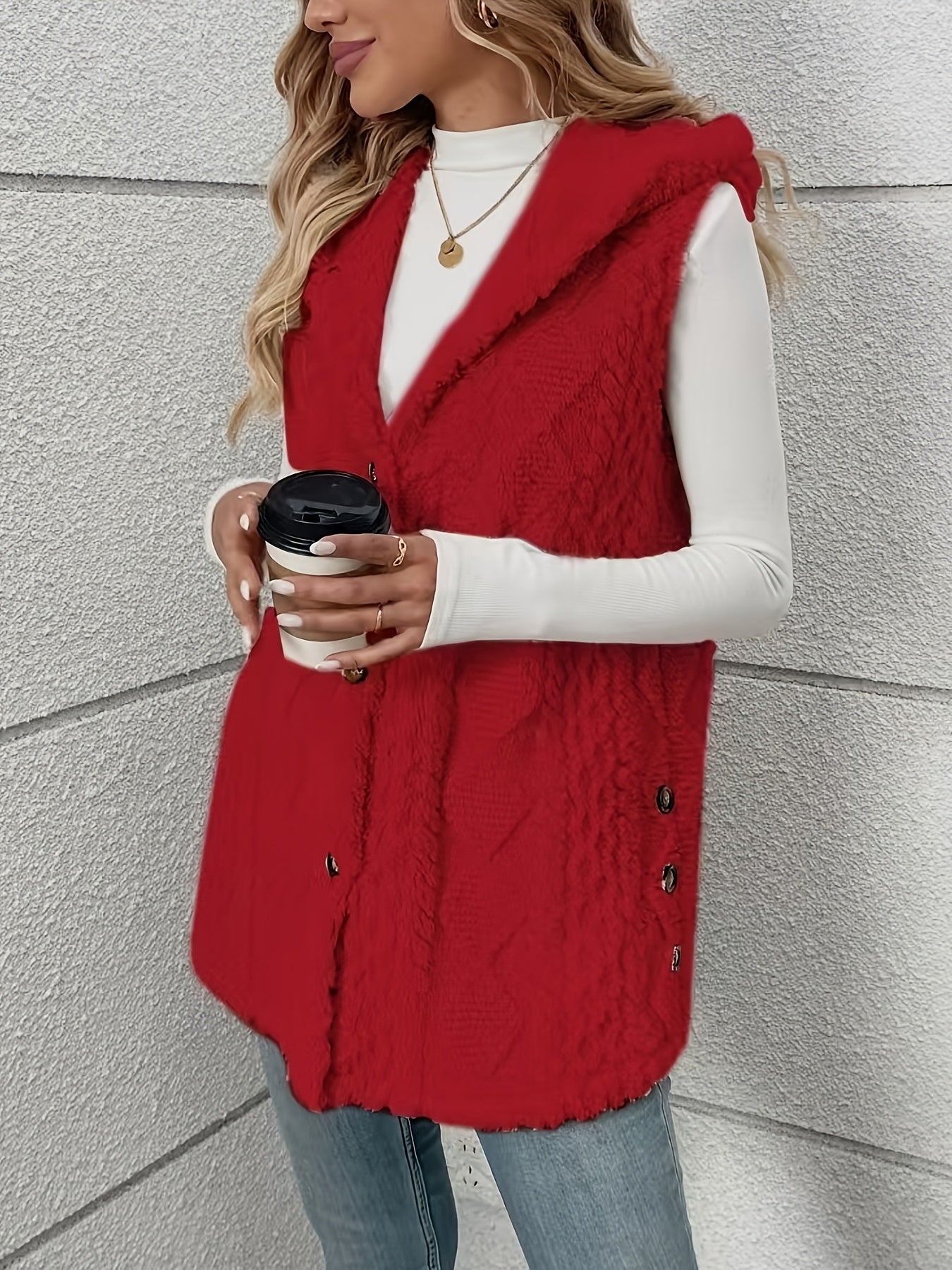 Women's Sleeveless Hooded Vest Solid Color Plush Texture Button Fall Winter Knit Fabric