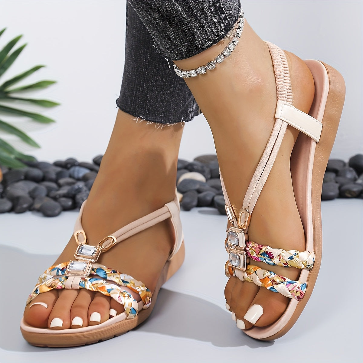 Women's Bohemian Summer Flat Sandals Open-Toe Strappy Non-Slip