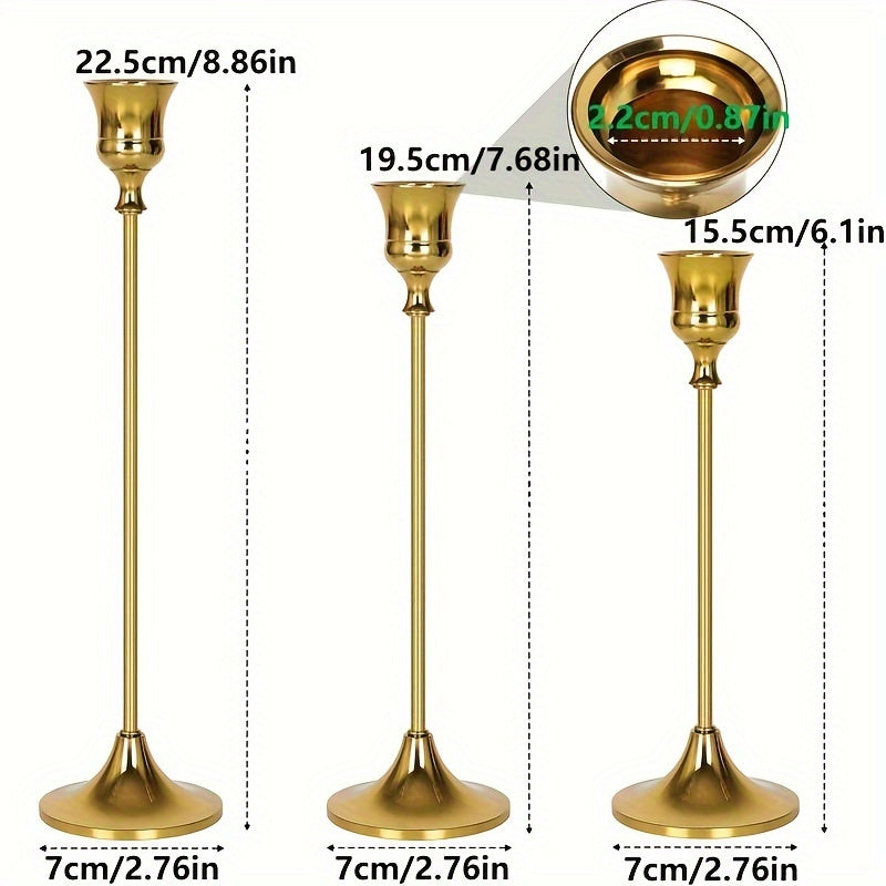 Набор из 3 элегантных металлических подсвечников, идеально подходящих для особых случаев и домашнего декора. Отлично подходит для вечеринок и мероприятий. Свечи не включены.