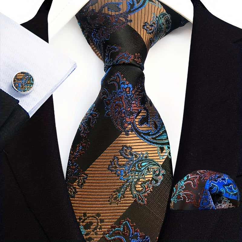 Набор из 3 мужских деловых галстуков с подходящим карманным платком и запонками из жаккардовой ткани