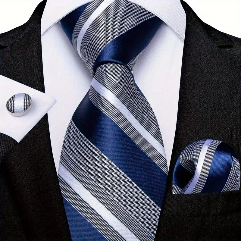 Men's Striped Necktie Cufflink Handkerchief Set for Business and Gifting