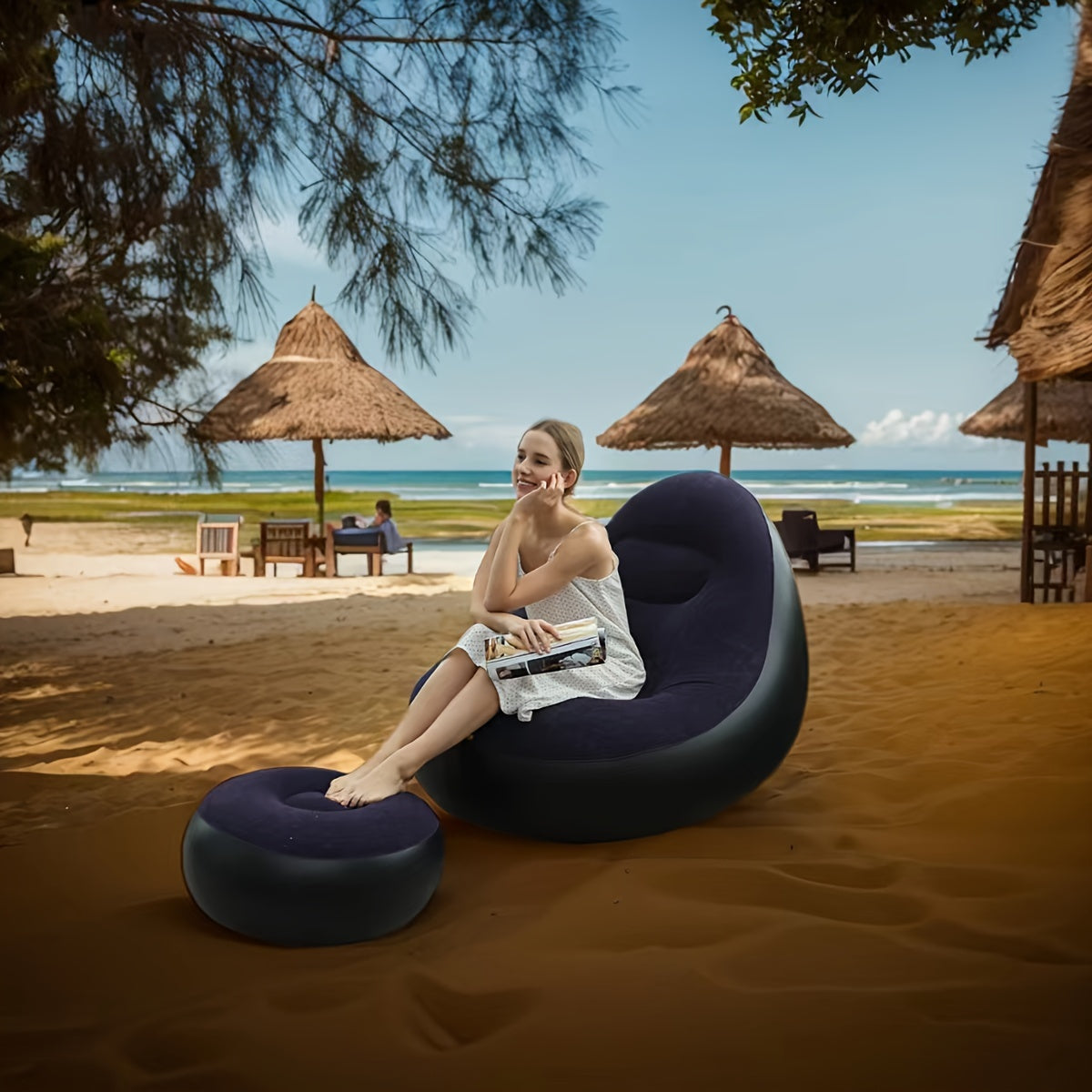 Inflatable Lounge Chair for Adults Portable Foldable with Footrest Black Beige Outdoor Relaxation