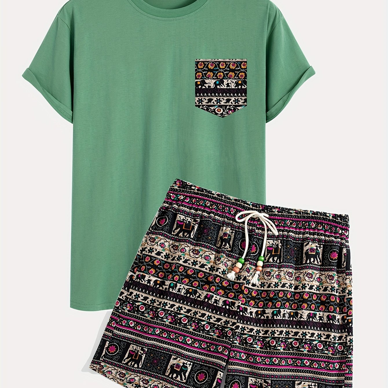 Boho Tribal Print Cotton T-Shirt and Shorts Set Loose Fit Spring Outfit