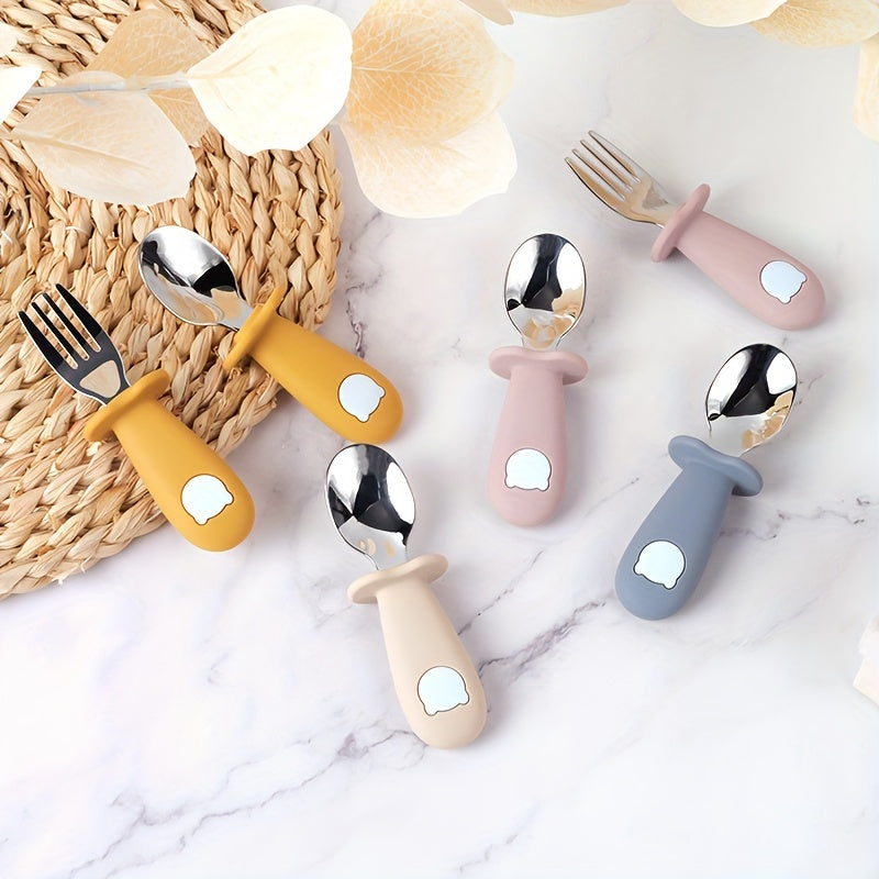 Children's Feeding Set with Silicone and Stainless Steel Spoons and Forks, Non-Toxic, Kid-Friendly