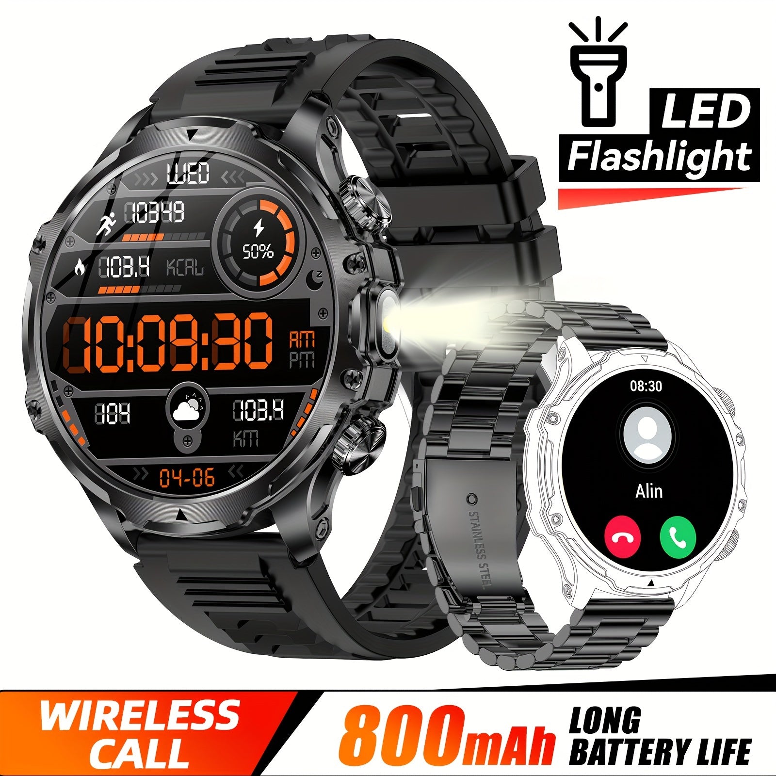 JELLOO 2024 Sport Aqlli Soat 800mAh batareya, 1.85" displey, simsiz qo'ng'iroqni javob berish, LED chiroq, USB zaryadlash, zanglamaydigan po'latdan yasalgan tasma, ko'p sport rejimlari, iPhone va Android uchun