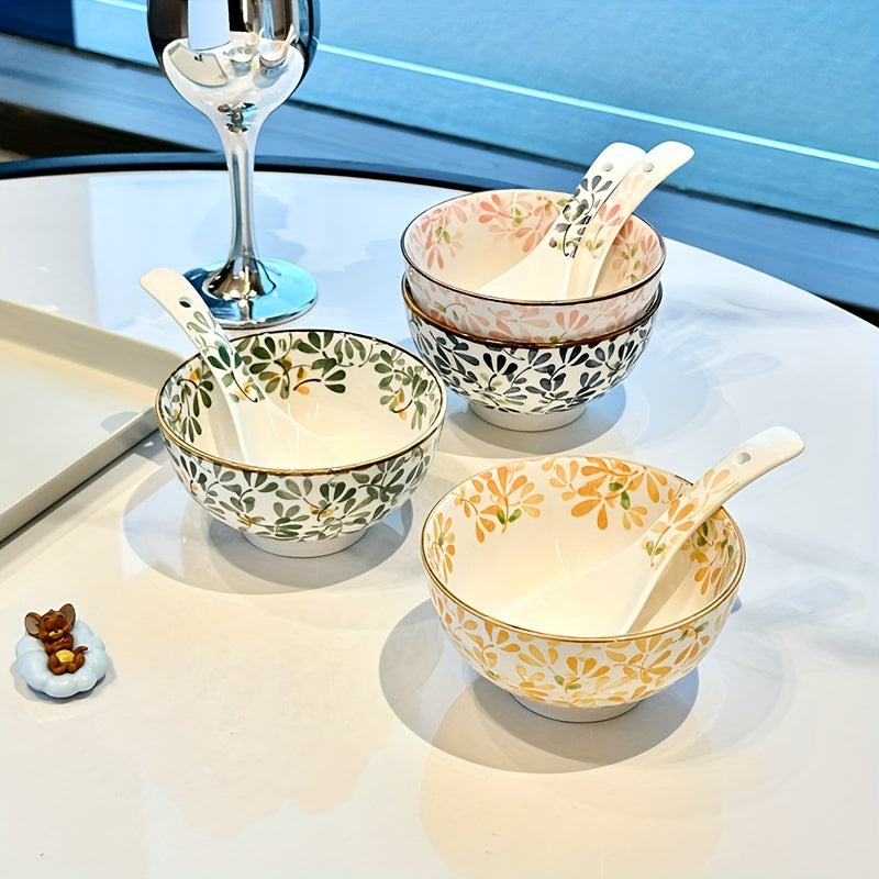 Set of 4 Ceramic Bowls with Floral Patterns, Dishwasher Safe, Oven and Microwave Safe