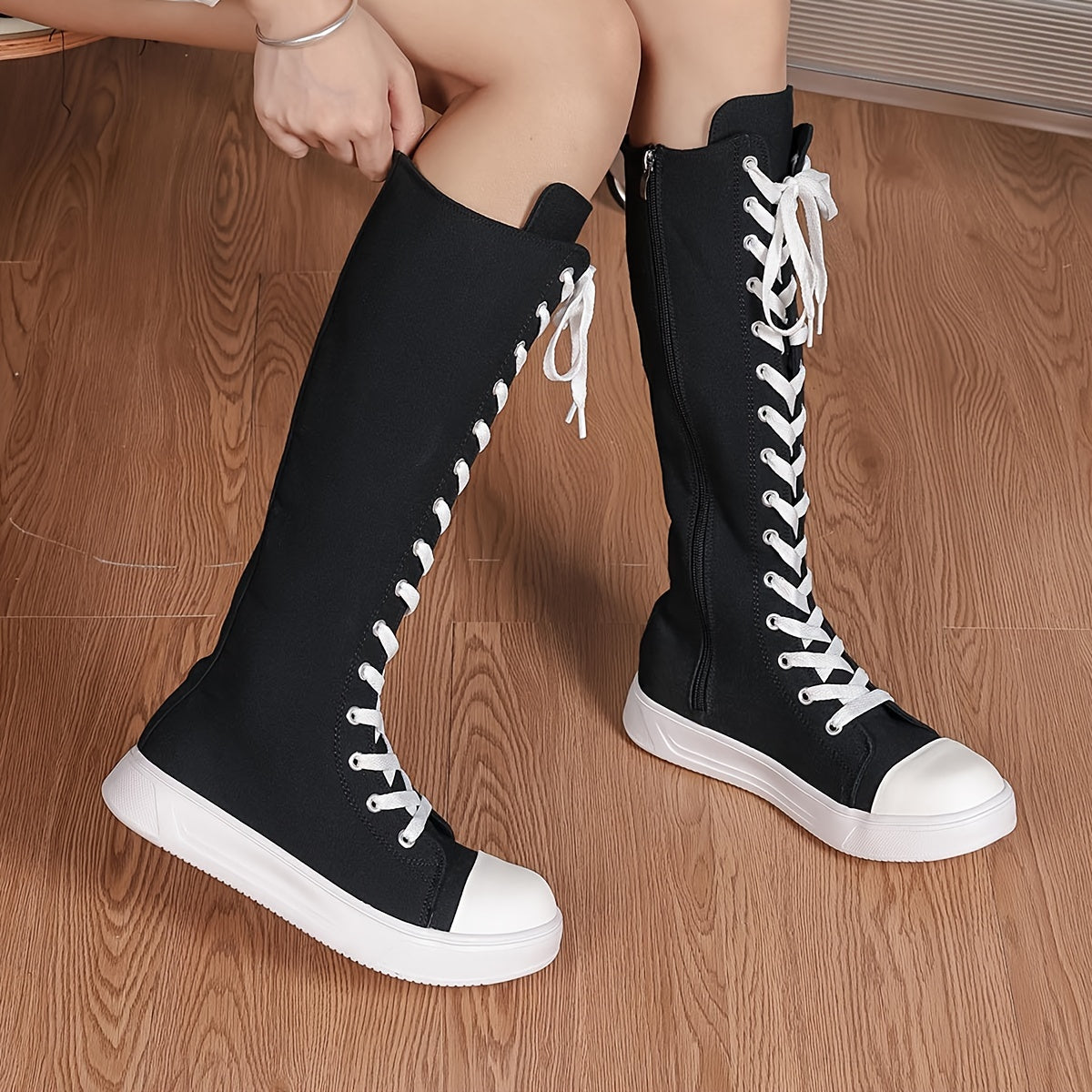 Women's Solid Color Slim Knee High Boots Side Zipper Platform Lace Up