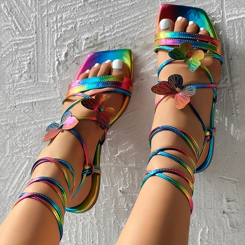 Women's 3D Butterfly Decor Flat Sandals Crisscross Straps Beach Shoes