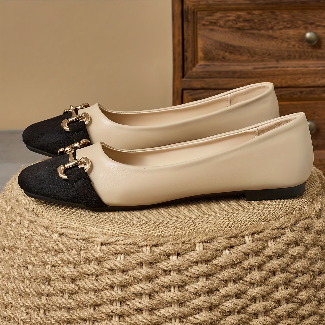 Women's Slip-On Flats Faux Cover Square Toe Loafers Two-Tone Beige Black